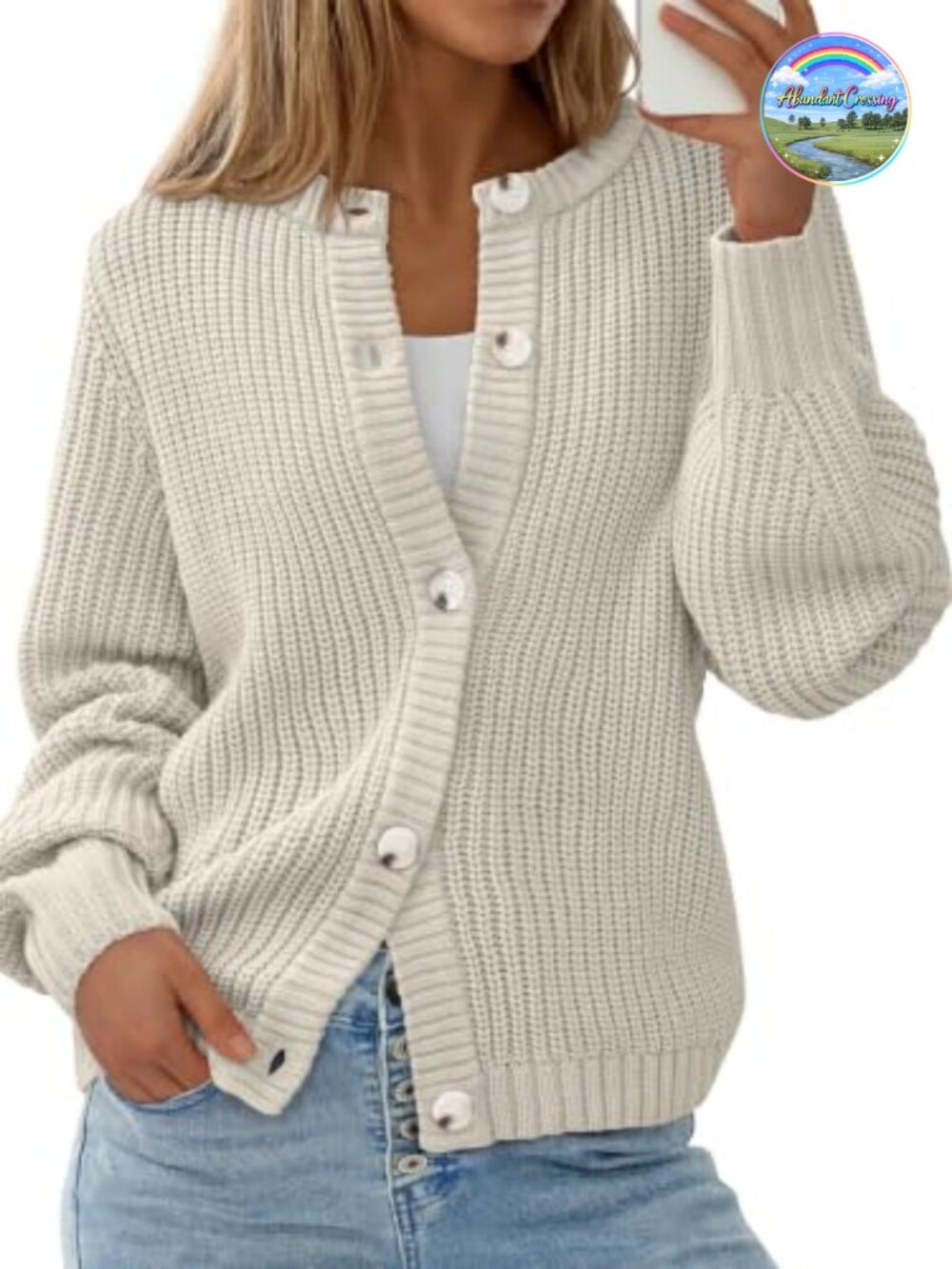 Chunky Knit Button Up Cardigan Sweater Crewneck Oversized Acrylic